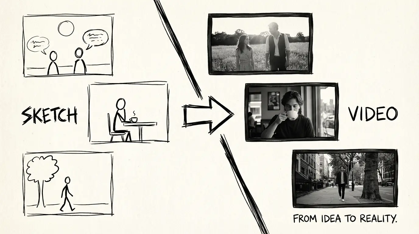 Veo 4 storyboarding workflow: sketch panels become generated video sequences