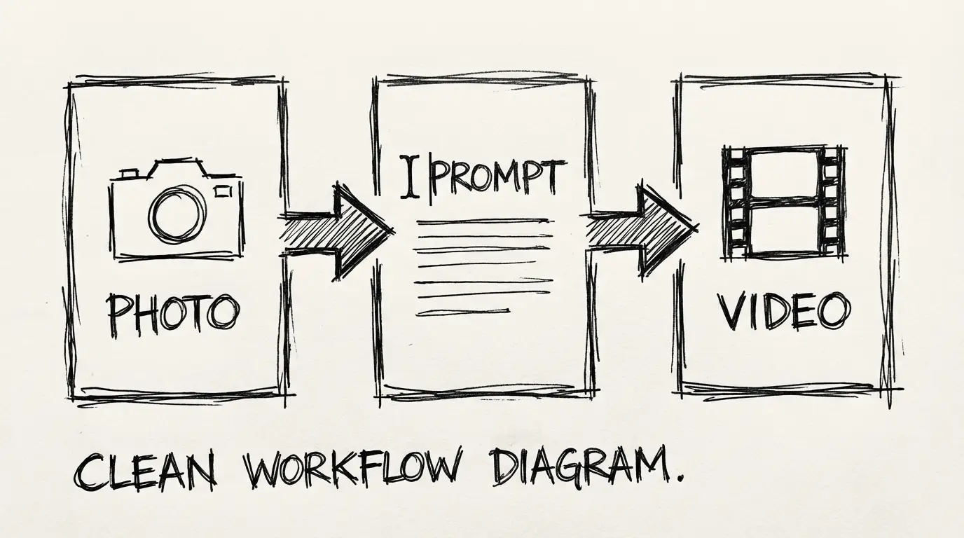 Image-to-video workflow: photo input, prompt, and generated output